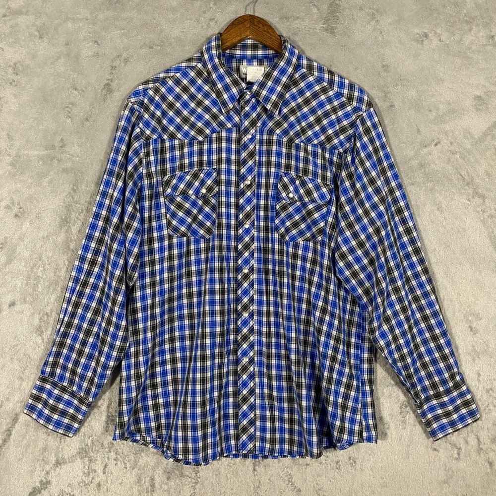 Wrangler Mens XL Black Blue Wrancher Plaid Western Pearl Snap Shirt